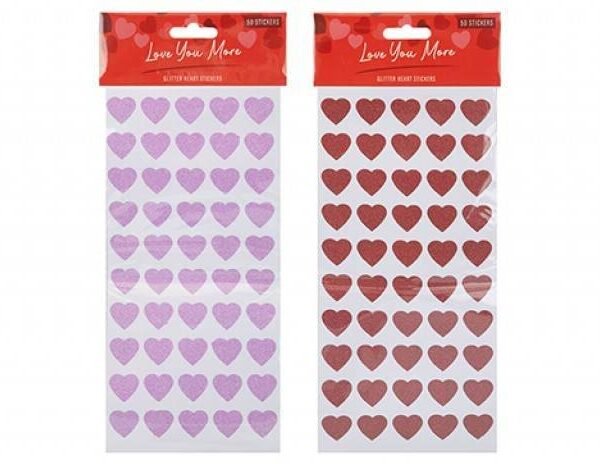 Glitter Heart Stickers 50 Pack Assorted Colours